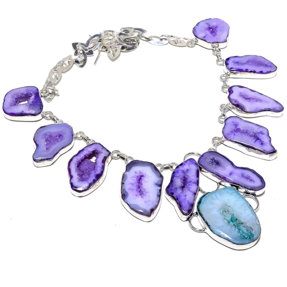 Agate purple lace drutzy sterling silver bib necklace